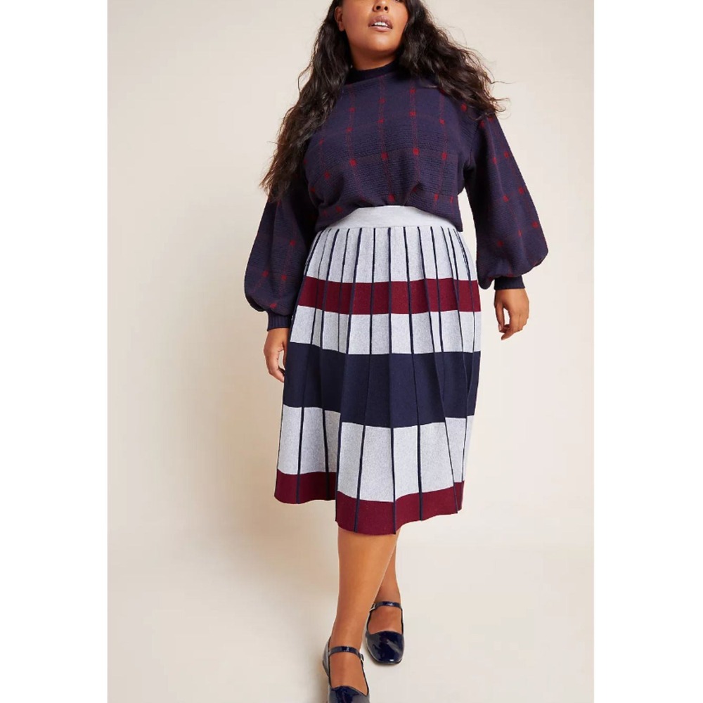Skies Are Blue Pleated Midi Skirt Womens 2X Blue Colorblock Sweater Knit Anthro